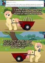 Size: 1076x1502 | Tagged: safe, artist:ladyanidraws, derpibooru import, oc, oc:melony, earth pony, pony, ask pun, ask, cart, food, mouth hold, solo, watermelon