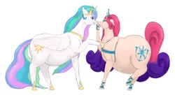 Size: 1300x709 | Tagged: safe, artist:soobel, derpibooru import, princess amore, princess celestia, alicorn, pony, unicorn, accessories, angry, atg 2020, belly, big belly, celestia is not amused, chubbylestia, duo, duo female, fat, female, flowing mane, jewelry, long mane, long tail, mare, messy, newbie artist training grounds, obese, pointing, regalia, simple background, tiara, unamused, white background