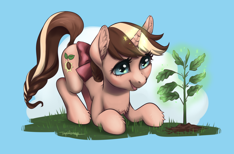 Size: 2776x1830 | Tagged: safe, artist:taytinabelle, derpibooru import, oc, oc:mocha sprout, unofficial characters only, pony, unicorn, bow, braided tail, chest fluff, cute, ear fluff, eye reflection, face down ass up, female, grass, hair bow, hair bun, happy, looking down, magic, mare, plant, raised tail, reflection, simple background, smiling, solo, tail, unshorn fetlocks