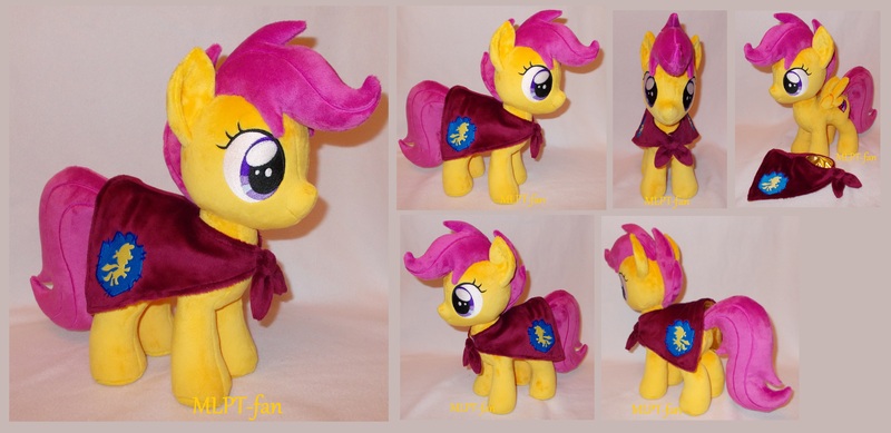 Size: 6200x3016 | Tagged: safe, artist:calusariac, derpibooru import, scootaloo, pegasus, pony, cape, clothes, cmc cape, irl, photo, plushie, solo