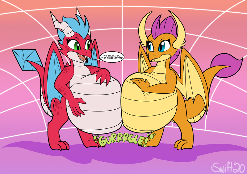 Size: 2456x1736 | Tagged: suggestive, artist:swiftsketchpone, derpibooru import, smolder, oc, oc:lizzy, dragon, belly, big belly, dragoness, female, sblobder, smolderpred, speech bubble, vore