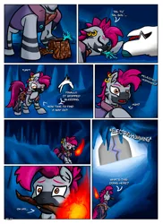 Size: 1920x2641 | Tagged: safe, artist:khaki-cap, derpibooru import, oc, oc:zjin, oc:zjin-wolfwalker, unofficial characters only, wolf, zebra, comic:coldness, bag, cave, door, fire, ice, ice cave, injured, noice, saddle bag, torch, zebra oc