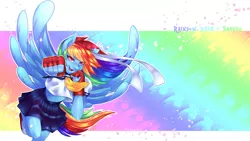 Size: 5760x3240 | Tagged: safe, artist:piiunivers, derpibooru import, rainbow dash, anthro, pegasus, pony, 4k wallpaper, absurd resolution, clothes, crossover, female, fingerless gloves, gloves, looking at you, open mouth, skirt, street fighter, video game crossover, wallpaper