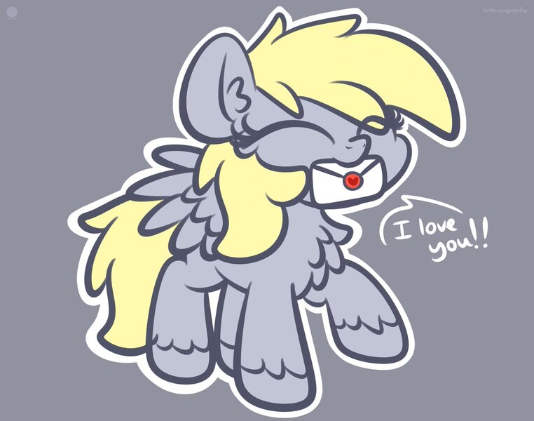 Size: 1200x945 | Tagged: safe, artist:kimjoman, derpibooru import, derpy hooves, pegasus, pony, bronybait, chest fluff, chibi, cute, derpabetes, ear fluff, eyes closed, female, gray background, i love you, letter, mare, mouth hold, raised hoof, simple background, solo, unshorn fetlocks