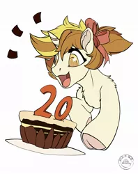 Size: 1700x2151 | Tagged: safe, artist:drtuo4, derpibooru import, oc, oc:dr tuo, unofficial characters only, unicorn, birthday, bow, cake, celebration, food, frog (hoof), hair bow, hoofbutt, horn, open mouth, solo, underhoof, unicorn oc