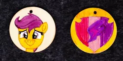 Size: 1024x513 | Tagged: safe, artist:malte279, derpibooru import, scootaloo, pegasus, pony, craft, cutie mark, jewelry, pendant, traditional art, wood