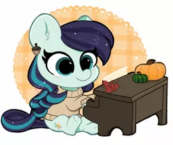 Size: 1672x1400 | Tagged: safe, artist:kittyrosie, derpibooru import, coloratura, earth pony, pony, chibi, clothes, cute, ear piercing, earring, female, jewelry, leaf, mare, musical instrument, piano, piercing, playing, pumpkin, rarabetes, solo, sweater
