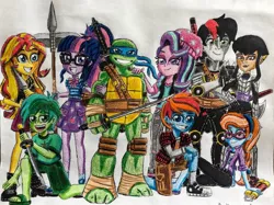 Size: 1024x766 | Tagged: safe, artist:bozzerkazooers, derpibooru import, bright eyes, lancer, sandbar, sci-twi, sunset shimmer, twilight sparkle, oc, oc:blade swipe, anthro, turtle, equestria girls, my little pony tales, beanie, female, g1, hat, karai, leonardo, male, teenage mutant ninja turtles, traditional art