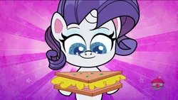 Size: 1920x1080 | Tagged: safe, derpibooru import, screencap, rarity, pony, unicorn, game knight, my little pony: pony life, spoiler:pony life s01e21, spoiler:pony life s01e35, cheese, female, food, ham, mare, meat, ponies eating meat, sandwich, solo, sunburst background, treehouse logo