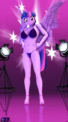 Size: 2160x3840 | Tagged: suggestive, artist:shadowboltsfm, derpibooru import, twilight sparkle, alicorn, anthro, plantigrade anthro, 3d, 4k, adorasexy, bikini, breasts, clothes, cute, cutie mark background, eyelashes, feet, female, hand on hip, high heels, legs, looking at you, open-toed shoes, reflection, sexy, shoes, smiling, solo, solo female, source filmmaker, standing, swimsuit, toes, twilight sparkle (alicorn)