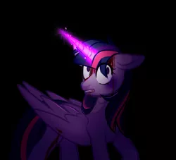 Size: 1822x1658 | Tagged: semi-grimdark, artist:chillax, derpibooru import, twilight sparkle, twilight sparkle (alicorn), alicorn, pony, black background, blood, bruised, cut, female, glowing horn, horn, injured, lip bite, magic, mare, raised hoof, simple background, solo