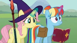 Size: 1920x1080 | Tagged: safe, artist:agrol, derpibooru import, fluttershy, rainbow dash, pony, unicorn, alternate hairstyle, bag, book, female, hair bun, hat, let's start the game, levitation, magic, magic book, race swap, saddle bag, staff, telekinesis, unicorn fluttershy, unicorn rainbow dash, wizard, wizard hat, youtube link