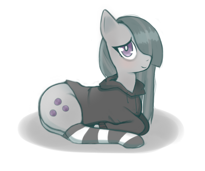 Size: 1200x1000 | Tagged: safe, artist:pixelmare, derpibooru import, marble pie, earth pony, pony, blushing, clothes, cute, dark circles, female, gray coat, hoodie, lying down, marblebetes, mare, no tail, purple eyes, socks, solo, striped socks