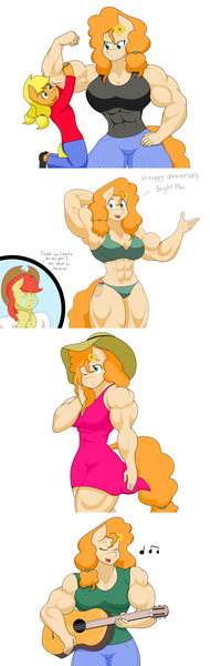 Size: 3016x9504 | Tagged: safe, artist:matchstickman, derpibooru import, applejack, bright mac, pear butter, anthro, earth pony, plantigrade anthro, pony, abs, acoustic guitar, big breasts, breasts, buff breasts, busty pear butter, cleavage, clothes, comic, dress, duo, female, guitar, milf, mother and child, mother and daughter, muscles, muscular female, music notes, musical instrument, pants, pear buffer, teary eyes