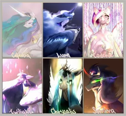 Size: 2048x1891 | Tagged: safe, artist:peacheb_o, derpibooru import, king sombra, princess cadance, princess celestia, princess luna, princess twilight 2.0, queen chrysalis, twilight sparkle, twilight sparkle (alicorn), alicorn, changeling, changeling queen, pony, unicorn, six fanarts, the last problem, bust, cape, clothes, curved horn, ear piercing, earring, female, full moon, horn, jewelry, looking up, lying down, male, mare, moon, open mouth, peytral, piercing, prone, smiling, sombra eyes, stallion, tiara
