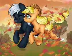 Size: 2200x1700 | Tagged: safe, artist:ali-selle, derpibooru import, applejack, oc, oc:dragon, earth pony, pony, apple farm, autumn, canon x oc, commission, cute, dragojack, female, illustration, kiss on the cheek, kissing, leaves, male, running, shipping, straight, tree