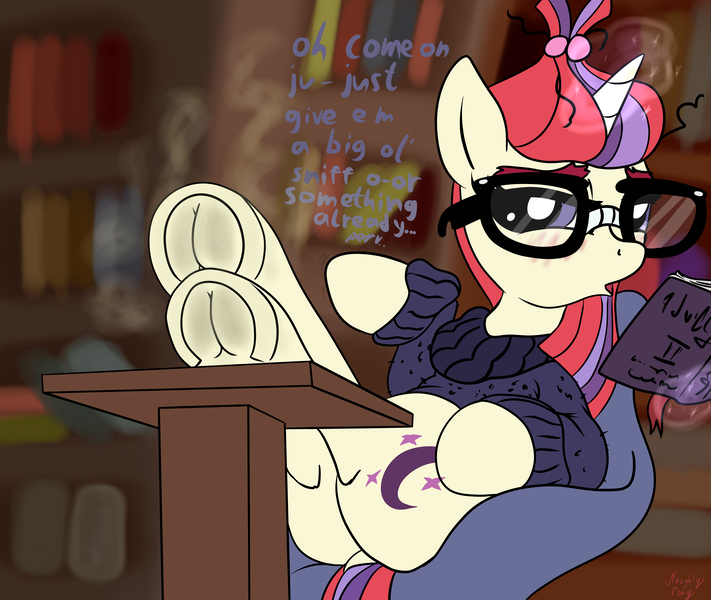 Size: 4500x3800 | Tagged: suggestive, artist:littlenaughtypony, derpibooru import, moondancer, pony, unicorn, book, bookshelf, dirty hooves, female, fetish, frog (hoof), glasses, glowing horn, hoof fetish, hoofbutt, hooves on the table, horn, magic, mare, smelly, smelly hooves, telekinesis, underhoof