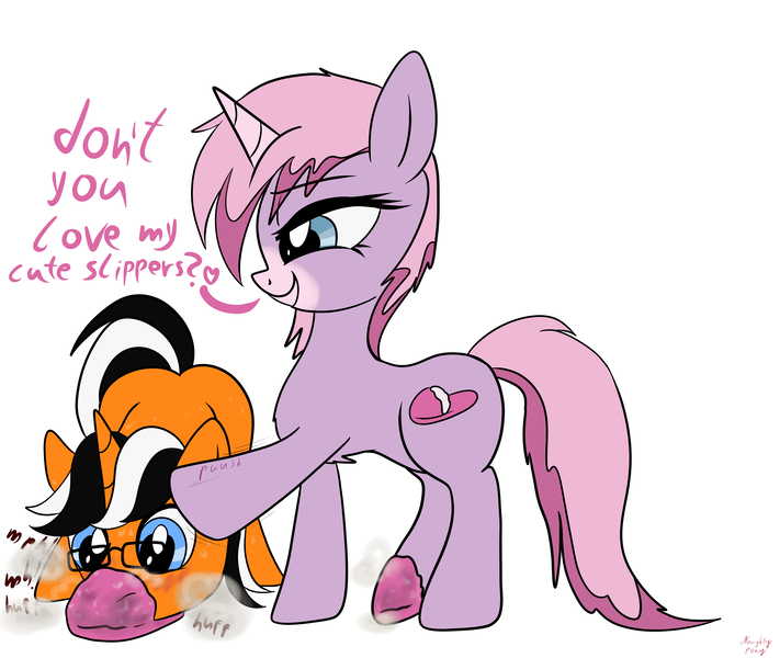 Size: 4500x3800 | Tagged: questionable, artist:littlenaughtypony, derpibooru import, oc, oc:ever harmon, oc:stompy slippers, blushing, clothes, fetish, hoof fetish, image, jpeg, slippers, smelly, smiling, sniffing, stompy slippers, sweat, unusual unicorn