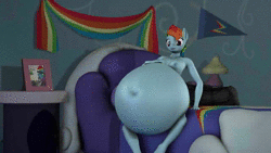 Size: 1280x720 | Tagged: semi-grimdark, suggestive, artist:blueblaze95, derpibooru import, rainbow dash, anthro, 3d, absorption, animated, bedroom eyes, belly, belly button, big belly, big breasts, breast expansion, breasts, burp, busty rainbow dash, complete nudity, dialogue, digestion, fat, fatal, female, growth, huge belly, huge breasts, implied pinkie pie, impossibly large belly, impossibly large breasts, instant digestion, nipples, nudity, pinkie prey, preddash, sound, source filmmaker, stomach noise, thigh expansion, thighs, thunder thighs, vore, webm, weight gain