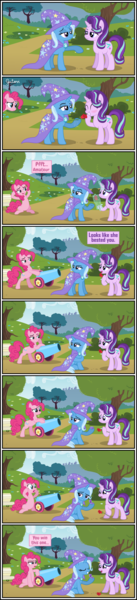 Size: 3564x15588 | Tagged: safe, artist:gutovi, derpibooru import, pinkie pie, starlight glimmer, trixie, bipedal, bipedal leaning, blushing, cape, clothes, comic, competition, confused, engagement, engagement ring, female, flower, hat, hoof hold, hooves behind head, jewelry, leaning, lesbian, magic trick, marriage proposal, party cannon, pinkie pie is not amused, prestidigitation, raised eyebrow, raised hoof, ring, rose, shipping, show accurate, showing off, sleight of hoof, smug, startrix, trixie's cape, trixie's hat, unamused, wedding ring