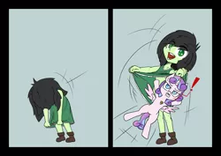 Size: 1414x1000 | Tagged: suggestive, artist:happy harvey, derpibooru import, princess flurry heart, oc, oc:anonfilly, alicorn, human, pony, equestria girls, angry, badge, boots, censored, child, clothes, colored pupils, drawn on phone, dress, dress lift, equestria girls-ified, exclamation point, female, filly, flashing, glare, gray background, jumping, looking at you, open mouth, police pony, shoes, simple background, skirt, smiling, upskirt, upskirt denied, whistle