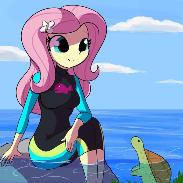 Size: 3375x3375 | Tagged: safe, artist:tjpones, derpibooru import, fluttershy, turtle, equestria girls, beach, breasts, busty fluttershy, cute, female, hairpin, ocean, rock, seaweed, shyabetes, solo, wetsuit