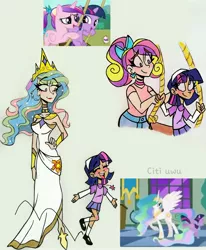 Size: 2510x3049 | Tagged: safe, artist:citi, derpibooru import, princess cadance, princess celestia, twilight sparkle, alicorn, human, pony, unicorn, a canterlot wedding, the cutie mark chronicles, blouse, clothes, crown, cute, cutie mark, cutie mark accessory, cutie mark on clothes, dress, ear piercing, excited, eye clipping through hair, eye contact, eyebrows visible through hair, female, filly, filly twilight sparkle, hand on hip, happy, humanized, jeans, jewelry, lidded eyes, looking at each other, mary janes, momlestia fuel, necklace, open mouth, pants, piercing, regalia, scene interpretation, screencap reference, shirt, shoes, skirt, socks, swing, t-shirt, teen princess cadance, trio, twiabetes, unicorn twilight, yes yes yes, younger
