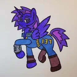 Size: 1024x1024 | Tagged: safe, artist:dice-warwick, derpibooru import, oc, oc:berry blast, unofficial characters only, alicorn, pony, fallout equestria, artificial alicorn, boots, clothes, pipbuck, purple alicorn (fo:e), shoes, solo, stable-tec, traditional art, two toned mane, two toned tail