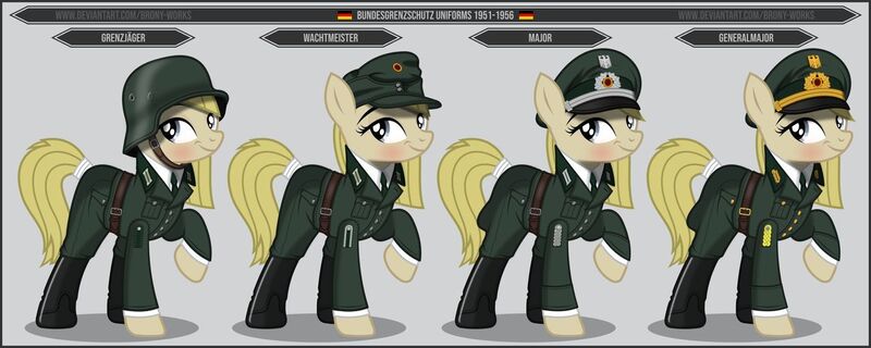 Size: 1280x512 | Tagged: safe, artist:brony-works, derpibooru import, earth pony, pony, border guard, clothes, cold war, female, flag, helmet, line-up, mare, raised hoof, smiling, solo, uniform, west germany