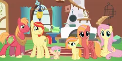 Size: 1280x645 | Tagged: safe, artist:hollymau, derpibooru import, big macintosh, fluttershy, oc, oc:apple cinnamon, oc:apple pie, oc:butterfly, oc:pear blossom, earth pony, pegasus, pony, baby, baby pony, base used, bird cage, colt, curtains, cute, daughter, earth pony oc, family, father, female, filly, fireplace, fluttermac, fluttershy's cottage, folded wings, freckles, gentle smile, grin, heterochromia, indoors, lamp, looking at you, male, mare, mother, offspring, pan, parent:big macintosh, parent:fluttershy, parents:fluttermac, pegasus oc, pot, rug, shipping, sitting, smiling, son, stairs, stallion, standing, stove, straight, window, wings, yoke