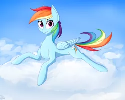 Size: 1250x1000 | Tagged: safe, artist:stravyvox, derpibooru import, rainbow dash, pegasus, pony, backwards cutie mark, cloud, cute, dashabetes, female, looking at you, lying down, mare, prone, sky, smiling, solo