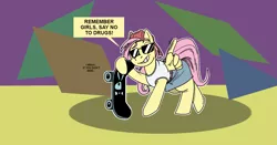 Size: 1645x859 | Tagged: safe, artist:monterrang, derpibooru import, fluttershy, pegasus, pony, 90s grunge fluttershy, backwards ballcap, baseball cap, cap, drugs are bad, feather fingers, female, grin, hat, just say no, mare, public service announcement, skateboard, smiling, solo, speech bubble, sunglasses, wing hands, wings
