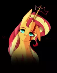 Size: 647x823 | Tagged: semi-grimdark, derpibooru import, sunset shimmer, pony, unicorn, black background, blood, crown, female, injured, jewelry, looking at you, regalia, sherlock, sherlock holmes, simple background, solo