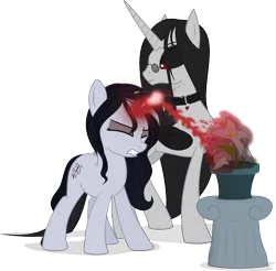 Size: 2000x1967 | Tagged: safe, artist:the-croolik, derpibooru import, oc, oc:tirana vongrell, oc:vileraven, oc:vongrell, unofficial characters only, alicorn, pony, unicorn, vampire, vampony, alicorn oc, eyes closed, flower, glasses, horn, magic, mentor and protege, simple background, teacher and student, transparent background, unicorn oc, wings