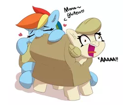Size: 2798x2396 | Tagged: safe, artist:pabbley, derpibooru import, rainbow dash, oc, oc:bread pony, ponified, bread pony, food pony, original species, pegasus, pony, aaaaaaaaaa, biting, bread, butt bite, cargo ship, derp, female, food, heart, high res, mare, nom, open mouth, pain, puns in the comments, rainbread, screaming, shipping, simple background, tongue out, wat, white background, wide eyes