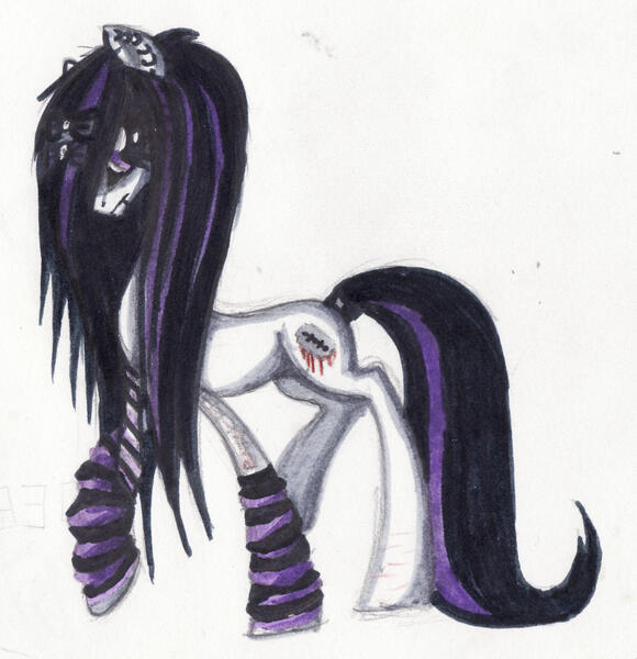 Size: 1299x1344 | Tagged: safe, artist:grinu, artist:vongrell, derpibooru import, oc, oc:razorblade, unofficial characters only, earth pony, pony, arm warmers, black hair, clothes, earth pony oc, emo, feral, gothic, image, jpeg, leg warmers, simple background, solo, white background