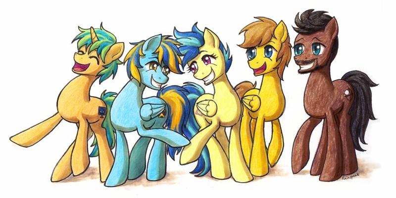 Size: 1024x512 | Tagged: safe, artist:rainspeak, derpibooru import, oc, oc:general mumble, oc:koa, earth pony, pegasus, pony, unicorn, family