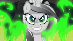 Size: 766x430 | Tagged: safe, artist:serinasnake, derpibooru import, screencap, princess cadance, queen chrysalis, disguise, disguised changeling, fake cadance, female, fire, green fire, solo