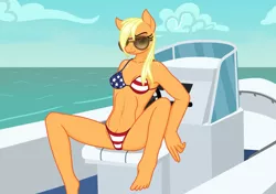 Size: 2893x2039 | Tagged: suggestive, alternate version, artist:camo-pony, derpibooru import, applejack, anthro, plantigrade anthro, american flag, american flag bikini, amerijack, bikini, breasts, busty applejack, clothes, female, flag bikini, looking at you, sunglasses, swimsuit, wet, wet mane