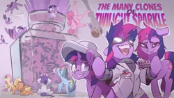 Size: 3840x2162 | Tagged: safe, artist:icychamber, derpibooru import, applejack, fluttershy, pinkie pie, rainbow dash, rarity, twilight sparkle, earth pony, pegasus, pony, unicorn, comic:the many clones of twilight sparkle, clone, clothes, cowboy hat, female, goggles, hat, high res, lab coat, mane six, mare, multeity, pony in a bottle, safety goggles, sparkle sparkle sparkle, unicorn twilight