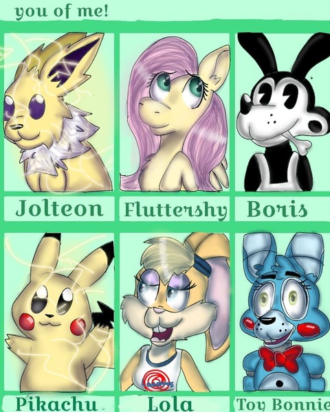 Size: 768x960 | Tagged: safe, artist:cheybonn_thunder, derpibooru import, fluttershy, anthro, jolteon, pegasus, pikachu, pony, rabbit, six fanarts, animal, animatronic, anthro with ponies, bendy and the ink machine, boris, bowtie, bust, clothes, crossover, five nights at freddy's, lola bunny, male, mouth hold, overalls, pacman eyes, pokémon, space jam, toy bonnie, wide eyes