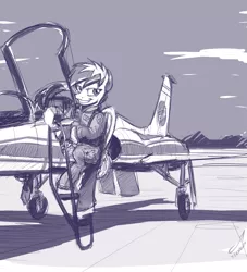 Size: 3000x3308 | Tagged: artist:buckweiser, astronaut, derpibooru import, grayscale, jet, monochrome, nasa, oc, oc:concorde, offspring, older, parent:soarin', parent:spitfire, parents:soarinfire, pilot, safe, sketch, solo, t-38 talon