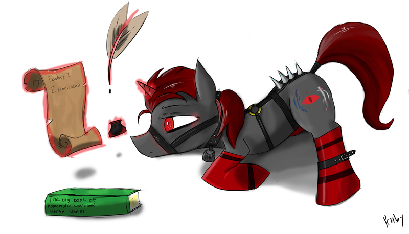 Size: 2500x1432 | Tagged: suggestive, artist:penby, derpibooru import, oc, oc:protege, unofficial characters only, pony, unicorn, fallout equestria, fallout equestria: murky number seven, bondage, bondage gear, book, bridle, collar, fanfic art, harness, image, inkwell, jpeg, leather straps, levitation, lock, magic, male, padlock, quill, scroll, simple background, solo, solo male, stallion, straps, tack, tail wrap, telekinesis, white background