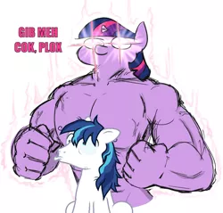 Size: 916x875 | Tagged: suggestive, artist:chainchomp2 edit, artist:jargon scott, derpibooru import, edit, editor:slayerbvc, vector edit, shining armor, twilight sparkle, anthro, earth pony, unicorn, the crystalling, abs, buff, cracked armor, earth pony shining armor, female, fist, glowing eyes, image, implied incest, incest, is this a jojo refrence?, male, messy mane, muscles, png, race swap, scared, simple background, solo, stubble, twiggie, twilight muscle, vector, wide eyes, woobie