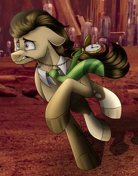 Size: 1100x1400 | Tagged: safe, artist:sugar0612, derpibooru import, doctor whooves, time turner, earth pony, pony, crossover, doctor who, fear, gallifrey, galloping, male, mouth hold, necktie, pocket watch, running, stallion, the doctor