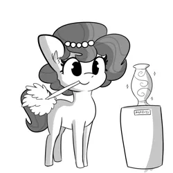 Size: 3375x3375 | Tagged: safe, artist:tjpones, derpibooru import, oc, oc:brownie bun, unofficial characters only, earth pony, pony, duster, female, grayscale, mare, monochrome, mouth hold, simple background, smiling, solo, this will end in property damage, this will end in tears, vase, white background