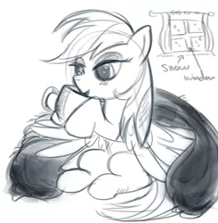 Size: 1275x1299 | Tagged: safe, anonymous artist, derpibooru import, rainbow dash, pegasus, pony, /mlp/, blanket, chocolate, cute, drawthread, female, food, hot chocolate, monochrome, requested art, sipping, sitting, snow, solo, window