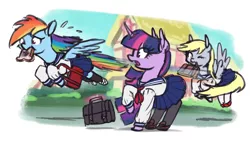 Size: 1280x720 | Tagged: safe, artist:king-kakapo, derpibooru import, derpy hooves, rainbow dash, twilight sparkle, pegasus, pony, unicorn, /mlp/, bread, clothes, drawthread, flying, food, mouth hold, requested art, running, school uniform, schoolgirl toast, skirt, socks, stockings, thigh highs, toast, unicorn twilight