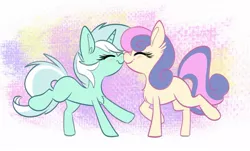 Size: 1280x773 | Tagged: safe, artist:littleblackraencloud, derpibooru import, bon bon, lyra heartstrings, sweetie drops, earth pony, pony, unicorn, canon ship, chibi, female, lesbian, lyrabon, married couple, missing cutie mark, nose to nose, nuzzling, shipping