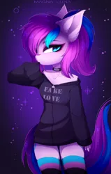 Size: 1306x2048 | Tagged: suggestive, artist:magnaluna, derpibooru import, oc, oc:panda shade, anthro, adorasexy, breasts, choker, clothes, collar, commission, cute, hoodie, looking at you, off shoulder, sexy, skindentation, socks, stockings, thigh highs, thighs, ych result